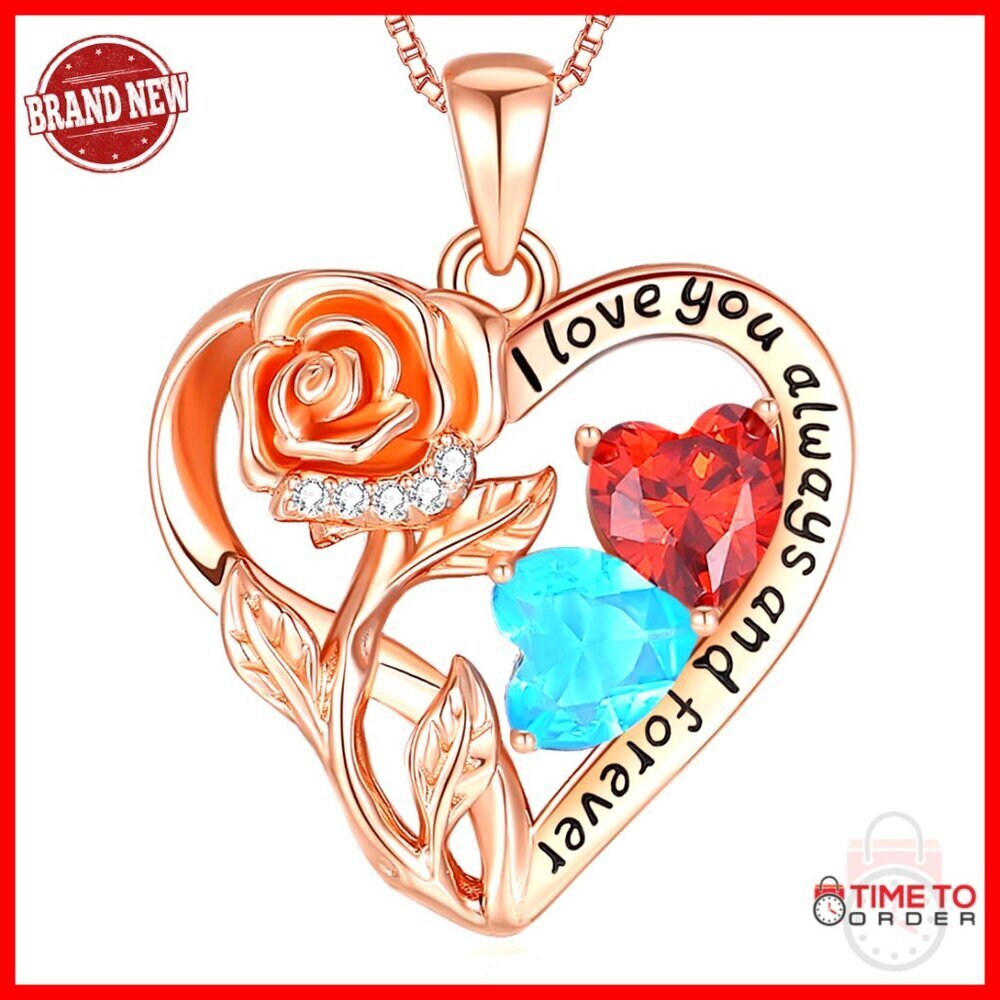 Sterling Silver Double Birthstone Rose Heart Pendant Necklace 16+2 Chain
